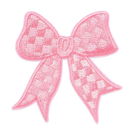 Pink Checked Bow Embroidered Iron-On & Adhesive Patch by Make Market®